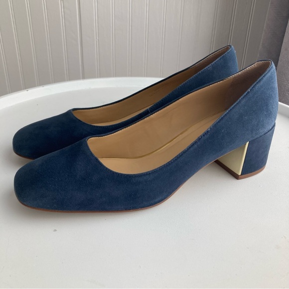 Talbots Indigo Blue Claire Block Heel Pumps Suede Gold Size 6M Women’s Shoes - Picture 2 of 16